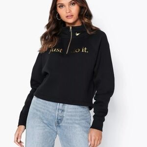 NWT Nike High Neck Half Zip Crop Sweater Black Gold Logo Sz Large